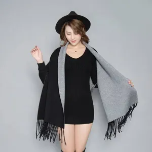 Womens Autumn Winter Reversible Cape Shawl with Sleeves Fringe Solid Warm Outerwear Main