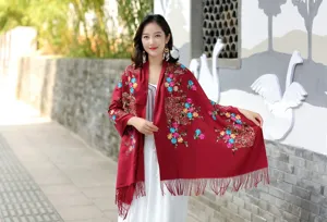 Elegant red embroidered cashmere shawl for women, ethnic style winter warm scarf with tassels.