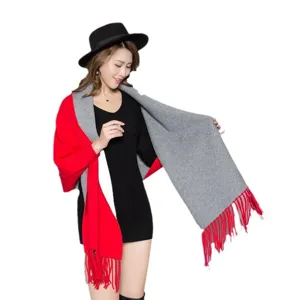 Women winter sleeved cape shawl imitation cashmere red grey colorblock fringe outerwear