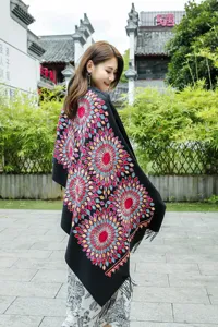 Winter ethnic style embroidered floral shawl tassel cashmere-feel scarf for women.