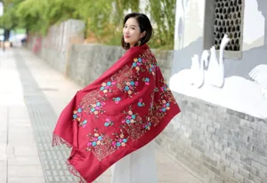 Red embroidered cashmere winter scarf shawl for women, ethnic floral fringe design detail