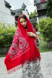 Autumn winter ethnic style embroidered sunflower cashmere feel shawl scarf warm fringe tassel