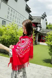 Women red embroidered cashmere feel winter shawl ethnic sunflower tassel scarf detail view