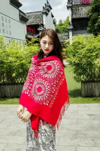 Winter warm red ethnic embroidered tassel cashmere feel shawl scarf for women daily fashion wear.