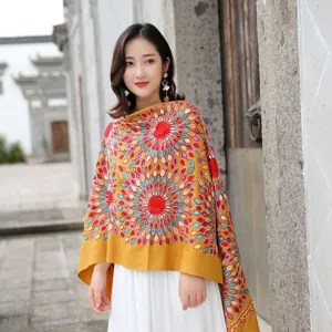 Autumn winter ethnic style sunflower embroidered cashmere feel warm scarf shawl detail view