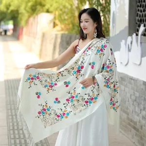 Chic floral embroidered cashmere scarf for women, stylish winter warm tassel shawl cloak.