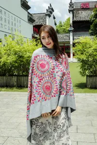 Sunflower embroidery imitation cashmere scarf, ethnic style warm tassel shawl for women.