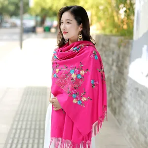 Women winter warm embroidered cashmere scarf stylish floral fringe shawl cold weather