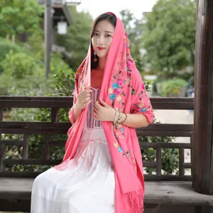 Women ethnic embroidered cashmere scarf winter warm floral shawl fashion tassel design.