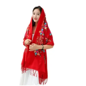 Women red embroidered cashmere shawl winter warm ethnic fringe scarf for daily travel wear.