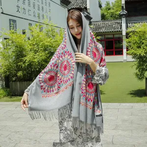Grey cashmere-feel embroidered winter scarf with colorful floral mandala pattern and fringe detail.