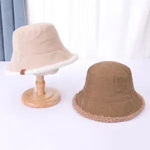 Women winter corduroy bucket hat with plush lamb wool trim, warm casual fisherman cap.