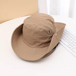 Detail view of the quick-dry outdoor hiking hat with wide brim, ventilation eyelets and strap.