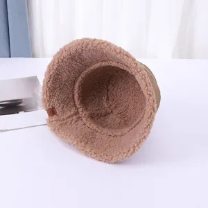 Brown lamb wool bucket hat detail, winter warm plush fisherman cap, casual cozy plush hat.