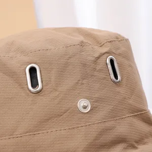 Quick-dry bucket hat detail showing breathable metal eyelets and durable fabric for outdoor.