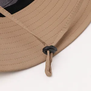 Quick dry hiking hat detail view, khaki sun bucket hat with adjustable drawstring toggle.
