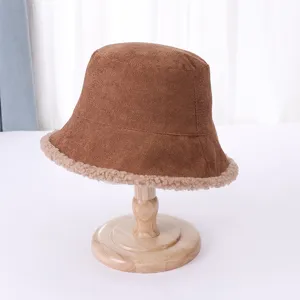Brown corduroy bucket hat detail view, winter warm plush brim, fashion daily wear item