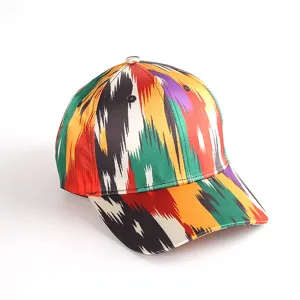Detailed view of the vibrant Xinjiang ethnic style abstract patterned women baseball cap.