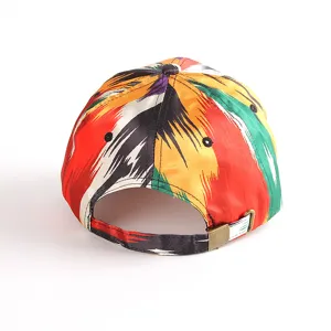 Colorful ethnic pattern baseball cap back view showing metal buckle and silky satin fabric texture.