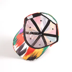 Detail view of the colorful ethnic style baseball cap interior showing lining and label.