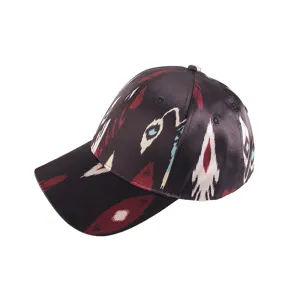 Traditional ethnic style satin baseball cap with unique vibrant print, stylish and sun protective.