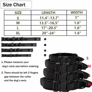 Tactical dog collar size chart detail view, nylon K9 training collar specs for dogs.