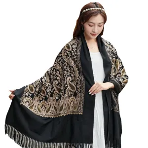 Women winter warm imitation cashmere shawl black ethnic paisley embroidered scarf wrap cozy