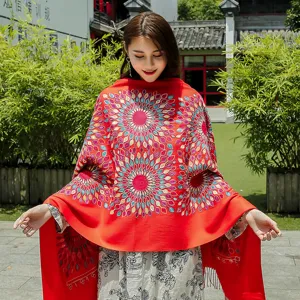 Autumn winter warm cashmere feel scarf ethnic sunflower embroidered shawl with tassels