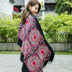 Women winter warm embroidered cashmere feel shawl scarf with colorful sunflower ethnic design