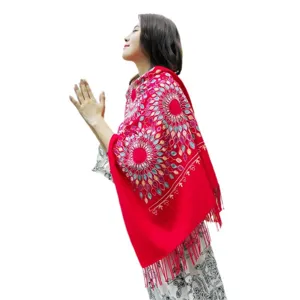 Women winter cashmere feel embroidered scarf ethnic style tassel shawl warm thick wrap