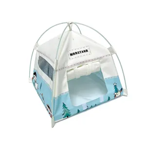 Miniature dollhouse camping tent detail featuring mesh window and metal frame structure.