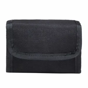 Detailed close-up view of black tactical pouch molle accessory bag with durable nylon fabric