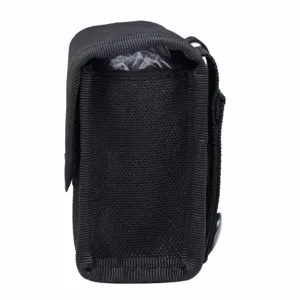 Detailed side view of black tactical MOLLE pouch, durable nylon material construction.