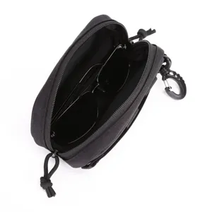 Detailed view of black tactical nylon sunglasses pouch with zipper and molle hanging hook.