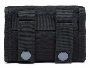 Close-up detail of black tactical MOLLE pouch back featuring durable straps and metal snap buttons.