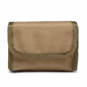 Durable khaki tactical MOLLE pouch, multi-functional outdoor storage bag detail shot.