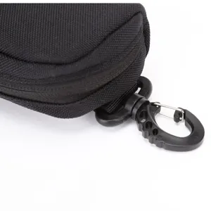 Detailed close-up view of black tactical nylon hard shell glasses case with secure hook.