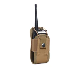Detailed view of tactical walkie-talkie pouch, durable nylon material, MOLLE compatible design.
