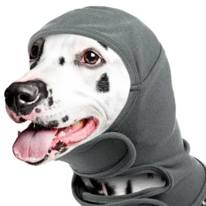 Zachte grijze hondensnood en geluiddempende oorbeschermer, warm en elastisch huisdierenhoofddeksel.