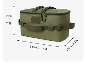Détail du sac de rangement de camping en plein air montrant les dimensions 34x17x19 cm, vert.