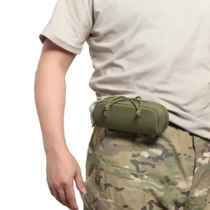 Outdoor tactical nylon hard shell glasses case Molle pouch detail view showing waist carry.