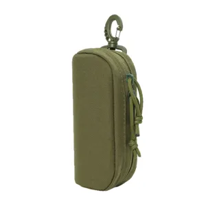 Tactical Molle sunglasses hard case, durable green nylon pouch with carabiner for outdoor travel.