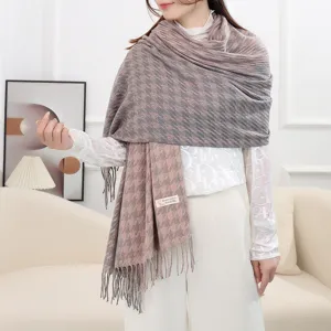 Winter warm color block houndstooth cashmere feel scarf for women thick tassel shawl