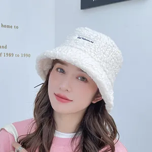 Chapeau seau en peluche blanc pour femme hiver chaud laine d'agneau chapeau de pêcheur