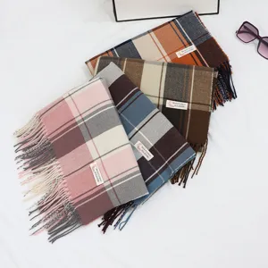 Women Winter Warm Plaid Scarf Fashion Tassel Long Shawl Soft Cashmere Feel Polyester Neck Scarf Wrap For Daily Wear
