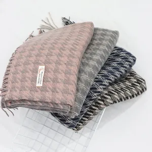 Women Winter Warm Thickened Tassel Scarf Classic Houndstooth Imitation Cashmere Casual Soft Long Shawl Wrap