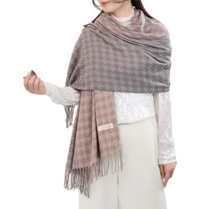 Women houndstooth winter warm cashmere feel tassel scarf fashion colorblock shawl