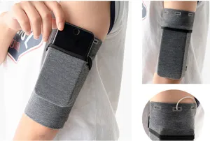 Breathable sports running armband for smartphones, comfortable grey fitness arm bag for gym workouts.