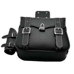 Black leather motorcycle saddlebag with combination lock and tool bag for electric bike