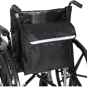 Wheelchair storage bag detail view, showing black waterproof fabric and reflective safety strip.